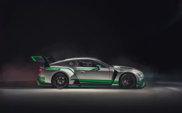 Silver Bentley Continental GT3 race car captured in 4K Ultra HD against a dark background, showcasing its sleek design and racing features.