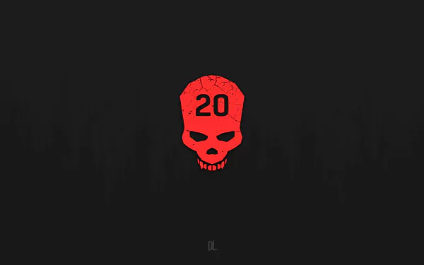 Minimalist skull wallpaper - 'Cant Touch This' (Dying Light) video game art: red skull marked '20' on a black field. 8K Ultra HD PC desktop wallpaper/background, Minimalist Gaming style.