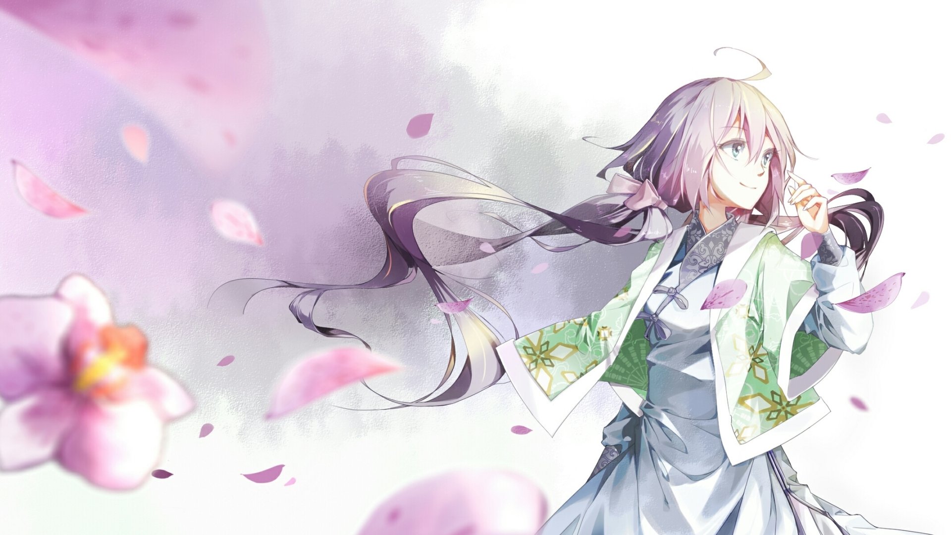 HD desktop wallpaper featuring an original anime character with long hair and blue eyes, amidst swirling petals and a soft pastel background.