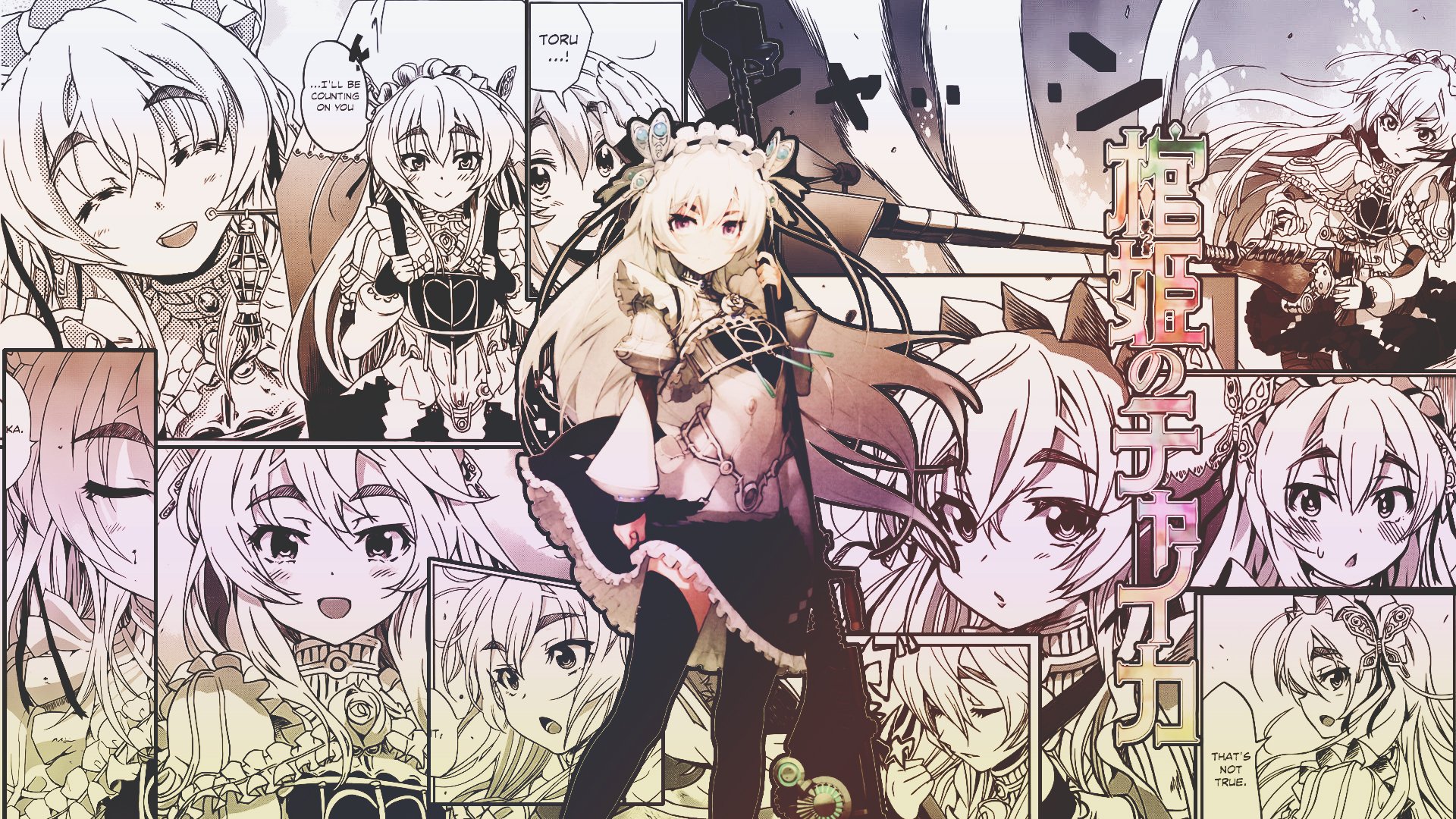 HD PC desktop wallpaper featuring Chaika Trabant from the anime Chaika -The Coffin Princess-, showcasing multiple black-and-white and colored scenes in a dynamic collage.