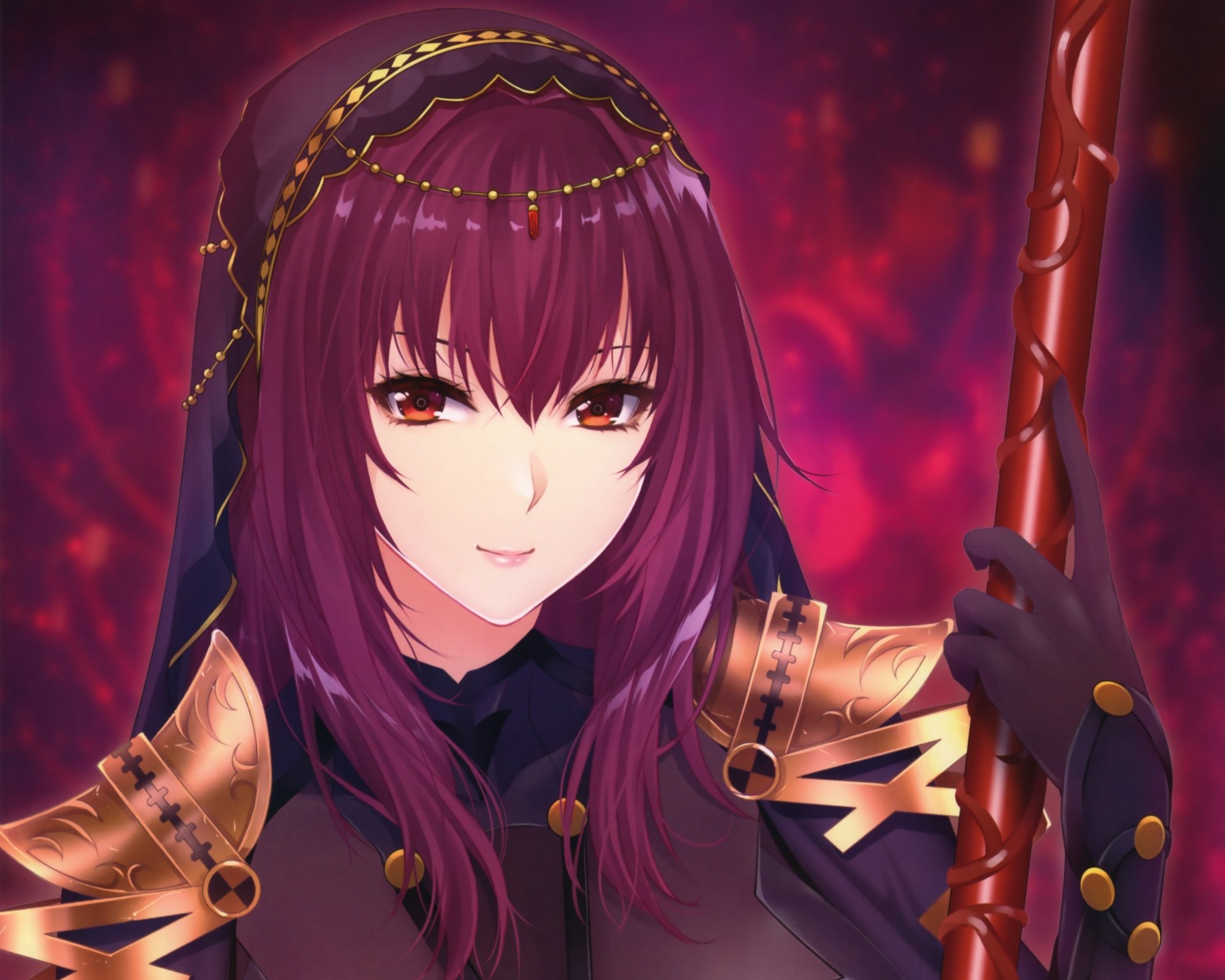 4K Ultra HD anime wallpaper featuring Lancer from Fate/Grand Order, showcasing her with vibrant purple hair and detailed armor against a fiery red background.