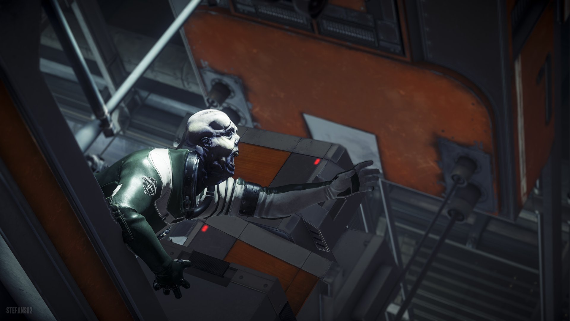 4K Ultra HD PC desktop wallpaper from Prey (Video Game): a pale, alien-like humanoid clinging to ducts inside a dim industrial station, tense sci-fi atmosphere.