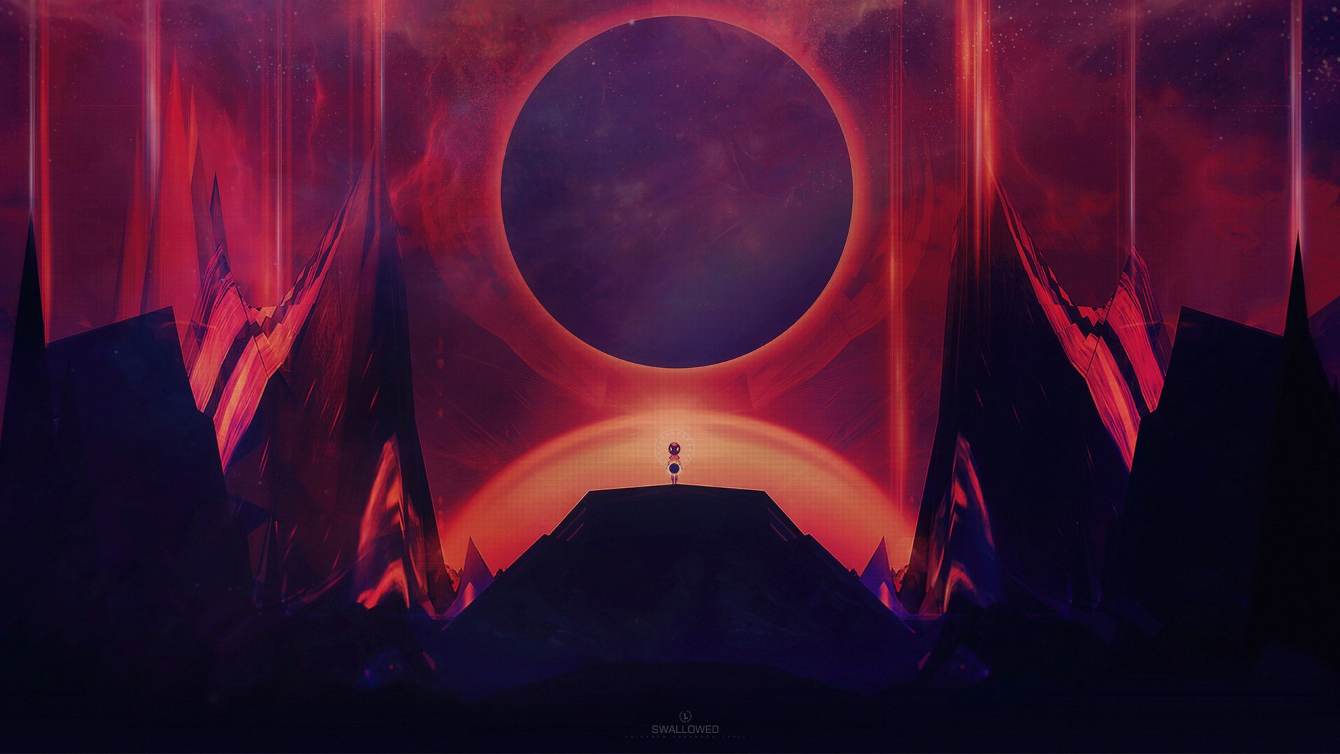 A sci-fi themed HD desktop wallpaper featuring an artistic depiction of a lone figure standing before a monumental celestial event, with vivid colors and dramatic lighting.
