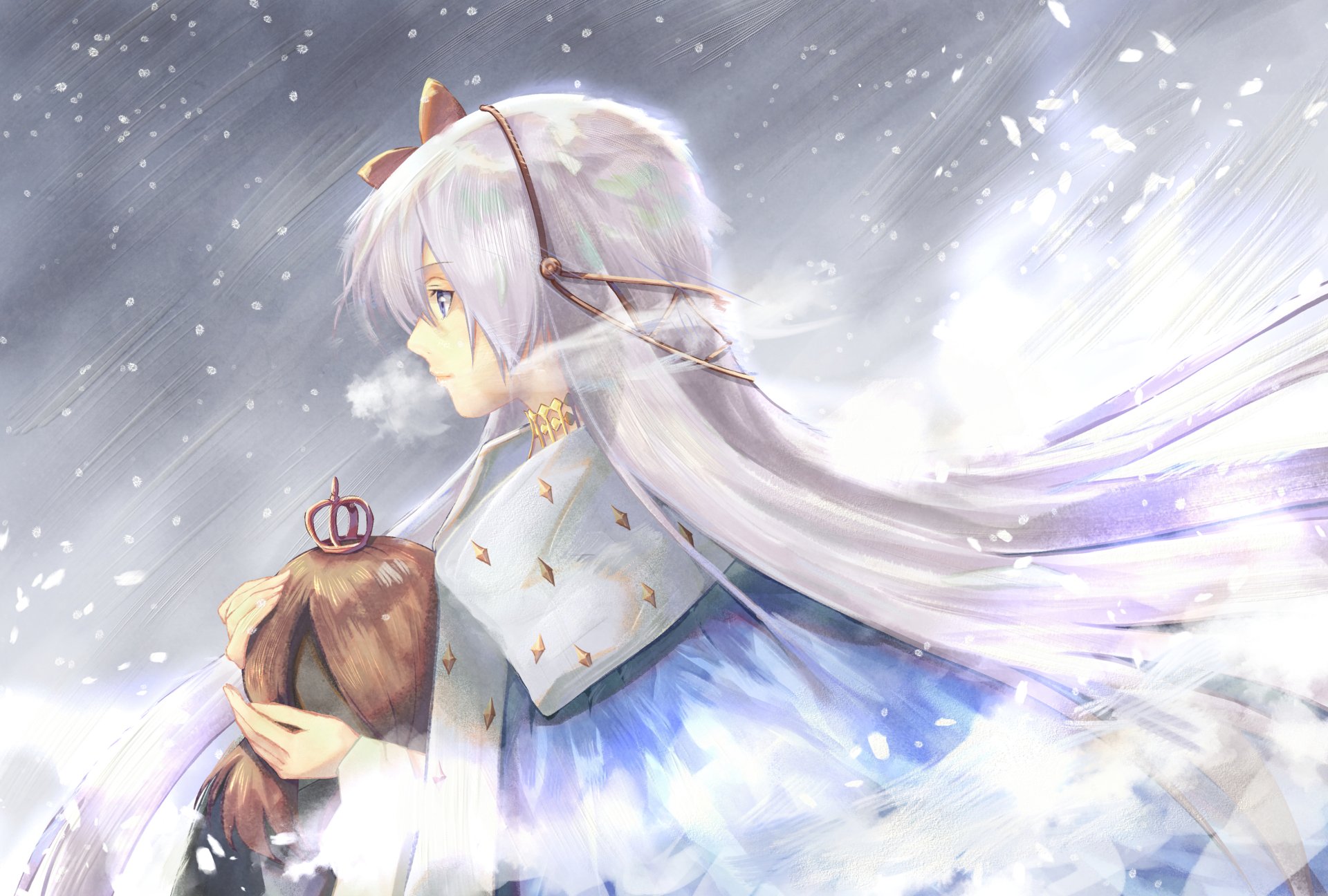 HD PC desktop wallpaper featuring Anastasia from Fate/Grand Order, depicted in anime style with flowing white hair and ethereal wings against a snowy backdrop.