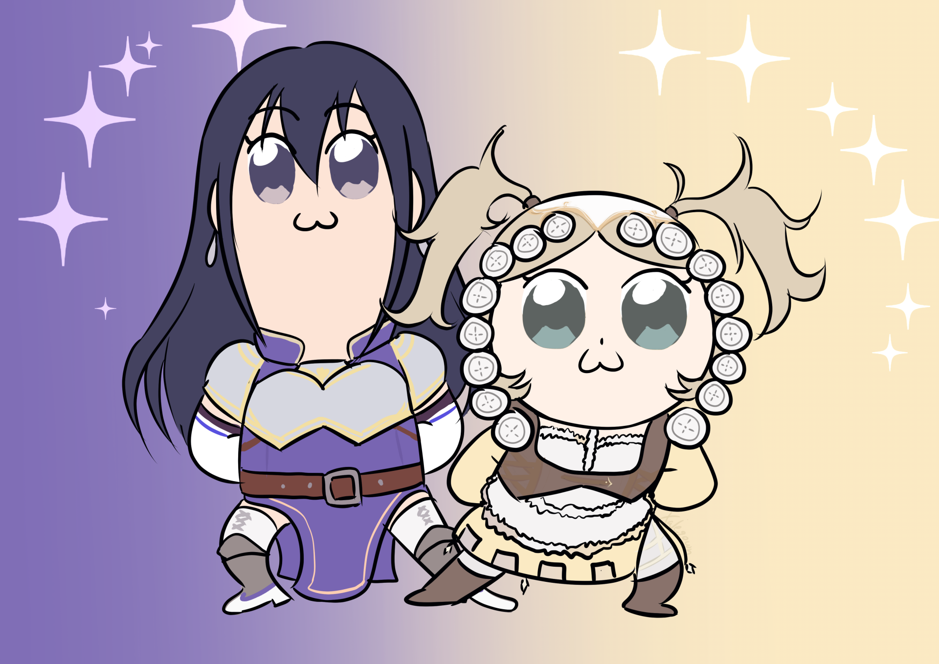 HD desktop wallpaper of Popuko and Pipimi from Pop Team Epic, featuring the characters in a playful pose against a purple starry background.