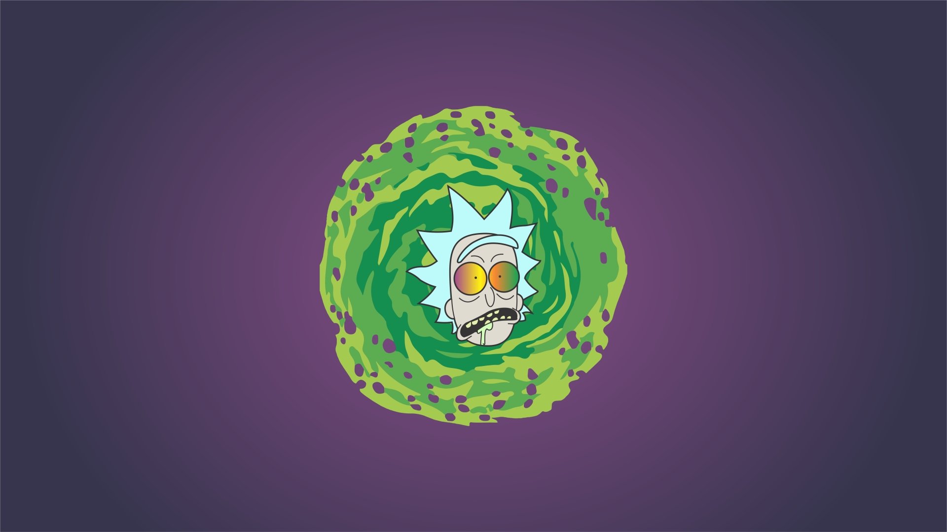 A 4K Ultra HD desktop wallpaper featuring Rick Sanchez’s head emerging from a green portal against a purple background from the TV show Rick and Morty.