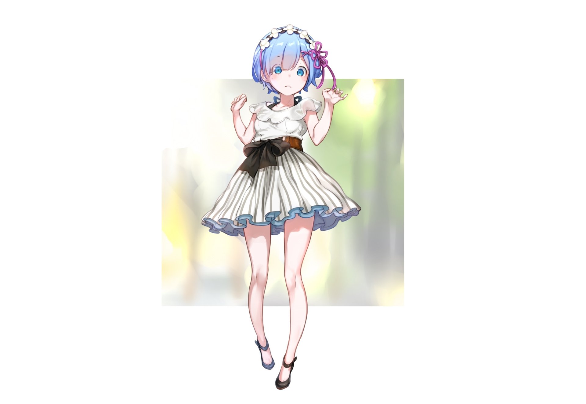 Rem from Re:Zero - Starting Life in Another World in her maid dress, pastel blurred background, full-body pose — 2K Quad HD anime PC desktop wallpaper.