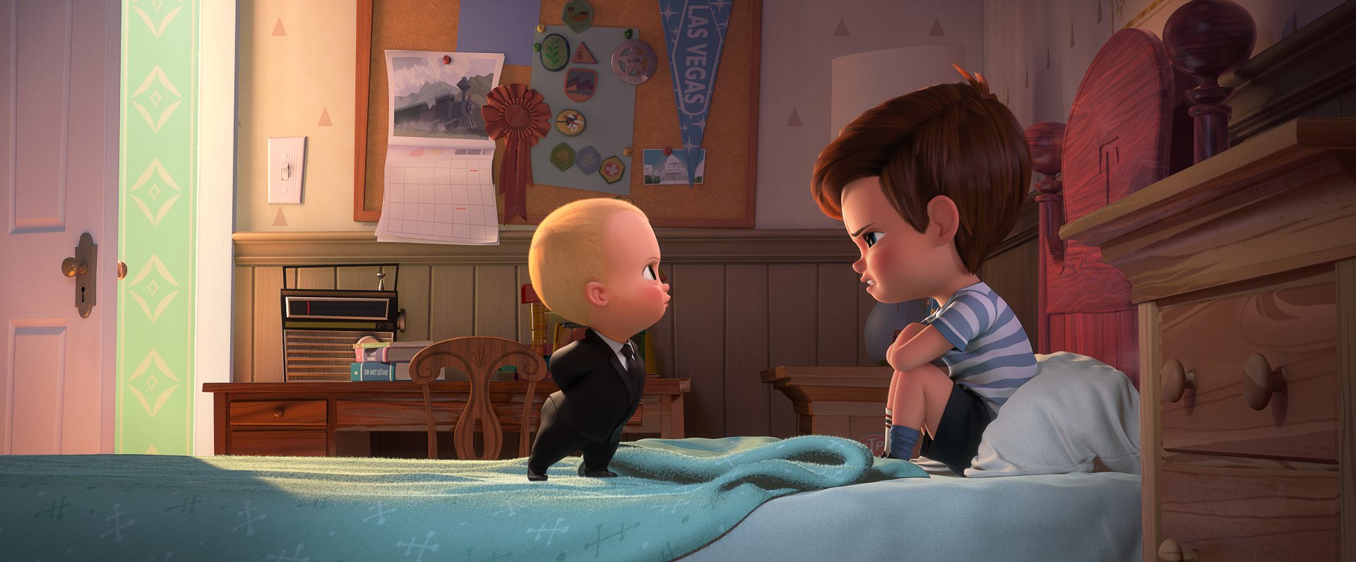 HD desktop wallpaper featuring Theodore Templeton (Boss Baby) and Tim Templeton from the movie The Boss Baby, depicting them in a room having a serious conversation.