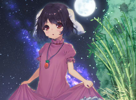 HD PC anime desktop wallpaper: Tewi Inaba (Touhou) — rabbit-eared girl in a pink dress under a moonlit starry sky, holding her skirt beside tall bamboo stalks.