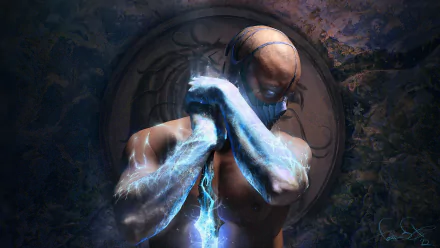 HD wallpaper of Sub-Zero from Mortal Kombat X, bald and masked with glowing eyes, wielding an icy sword in front of the Mortal Kombat logo.