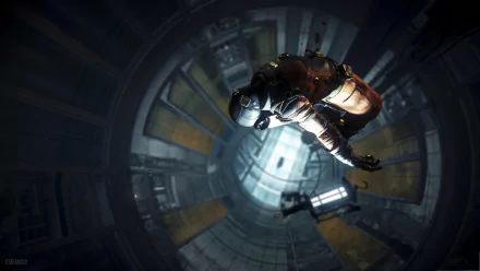 4K Ultra HD PC desktop wallpaper for the video game Prey (Video Game): a suited astronaut drifts inside a circular space-station shaft toward a glowing central hatch.