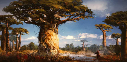 HD PC desktop wallpaper: a fantasy treehouse home built into a giant baobab beside a winding river, golden light on tall grasses and distant trees beneath a vast sky.