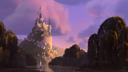 HD fantasy desktop wallpaper depicting a majestic castle atop a hill by a river, with a small boat floating nearby under a colorful twilight sky.
