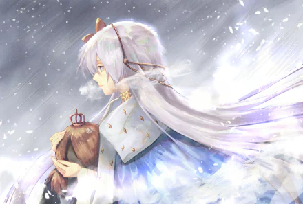 HD PC desktop wallpaper featuring Anastasia from Fate/Grand Order, depicted in anime style with flowing white hair and ethereal wings against a snowy backdrop.