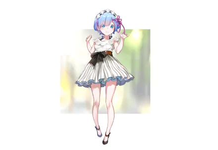 Rem from Re:Zero - Starting Life in Another World in her maid dress, pastel blurred background, full-body pose — 2K Quad HD anime PC desktop wallpaper.