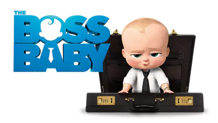 The HD wallpaper features Theodore Templeton, the Boss Baby from the movie The Boss Baby, emerging from a briefcase and looking straight ahead with a confident expression.