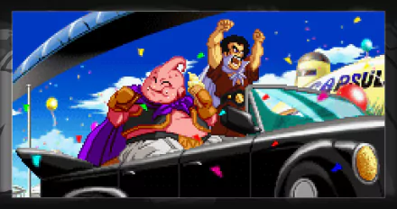 4K Ultra HD Dragon Ball Z desktop wallpaper featuring anime characters Satan and Majin Buu celebrating atop a convertible car with confetti in a vibrant cityscape.