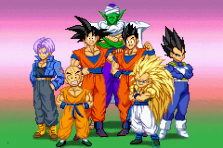Pixel art of Dragon Ball Z characters Gohan, Trunks, Vegeta, Goku, and Piccolo in 4K Ultra HD desktop wallpaper style.