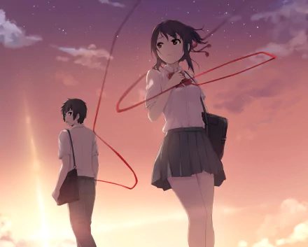 HD PC desktop wallpaper featuring Taki Tachibana and Mitsuha Miyamizu from the anime film Your Name., against a warm, glowing sunset sky.