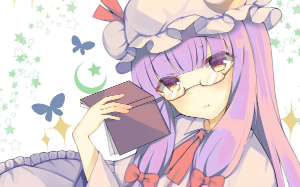 HD PC desktop wallpaper featuring Patchouli Knowledge from Touhou, depicted with purple hair, glasses, and a book, surrounded by stars and butterflies in a soft anime style.