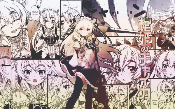 HD PC desktop wallpaper featuring Chaika Trabant from the anime Chaika -The Coffin Princess-, showcasing multiple black-and-white and colored scenes in a dynamic collage.
