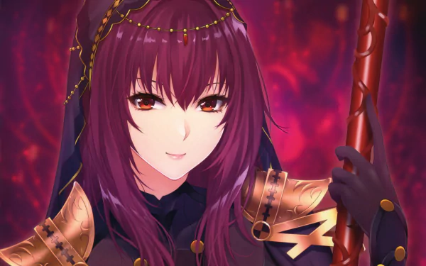 4K Ultra HD anime wallpaper featuring Lancer from Fate/Grand Order, showcasing her with vibrant purple hair and detailed armor against a fiery red background.
