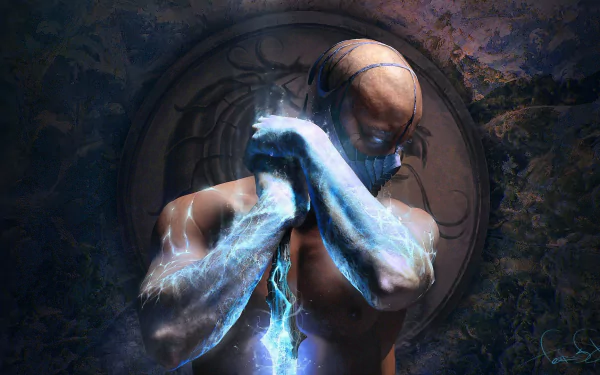 HD wallpaper of Sub-Zero from Mortal Kombat X, bald and masked with glowing eyes, wielding an icy sword in front of the Mortal Kombat logo.