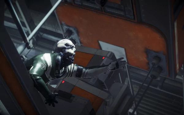 4K Ultra HD PC desktop wallpaper from Prey (Video Game): a pale, alien-like humanoid clinging to ducts inside a dim industrial station, tense sci-fi atmosphere.