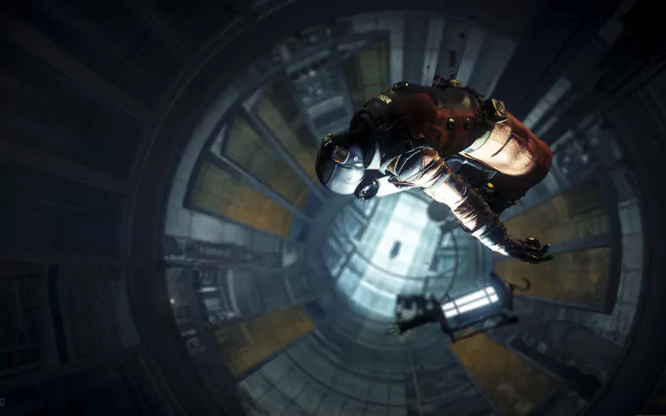 4K Ultra HD PC desktop wallpaper for the video game Prey (Video Game): a suited astronaut drifts inside a circular space-station shaft toward a glowing central hatch.