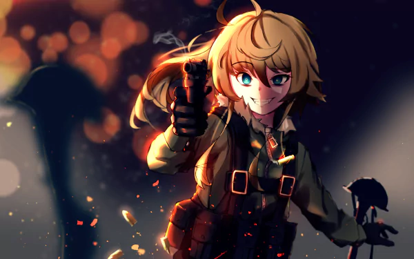Tanya Degurechaff (The Saga of Tanya the Evil) - anime 2K Quad HD PC wallpaper: young soldier in uniform smirking while aiming a pistol amid glowing embers and dramatic lighting.