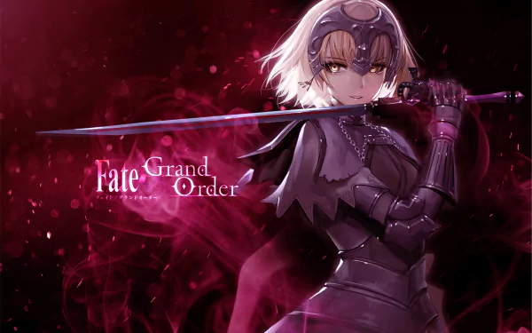 HD desktop wallpaper featuring Jeanne d'Arc Alter from Fate/Grand Order, showcasing the character in dark armor holding a sword amid a red smoky background.