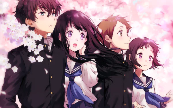 HD desktop wallpaper of Hyouka anime characters Satoshi Fukube, Hōtarō Oreki, Mayaka Ibara, and Eru Chitanda under blooming cherry blossom trees.