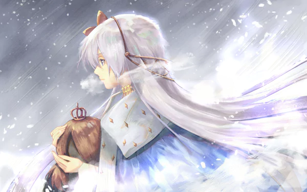 HD PC desktop wallpaper featuring Anastasia from Fate/Grand Order, depicted in anime style with flowing white hair and ethereal wings against a snowy backdrop.