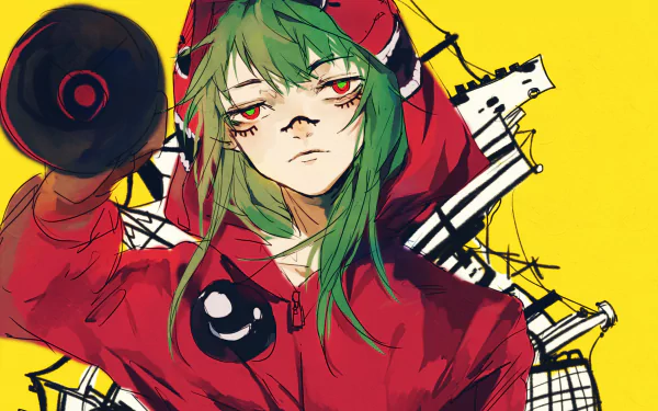 HD PC desktop wallpaper: anime Matryoshka (Vocaloid) — green-haired, red-hooded character holding a megaphone against a bold yellow background with black industrial graphics.