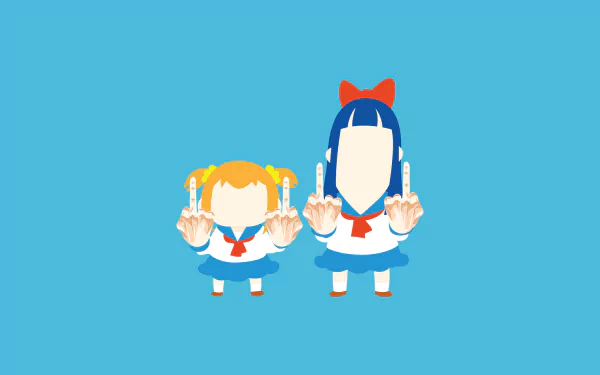 HD wallpaper of Popuko and Pipimi from Pop Team Epic, with both characters showing middle fingers, on a blue background.