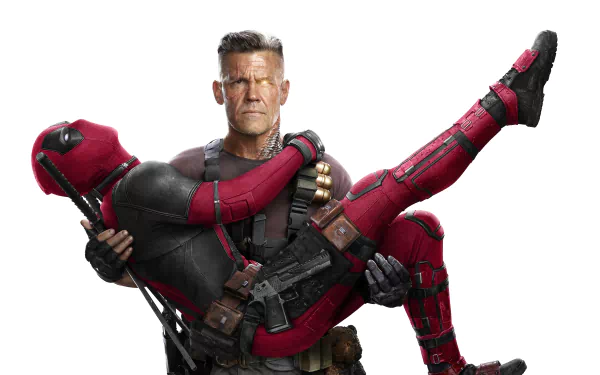 HD desktop wallpaper featuring Deadpool being carried by Cable from the movie Deadpool 2.