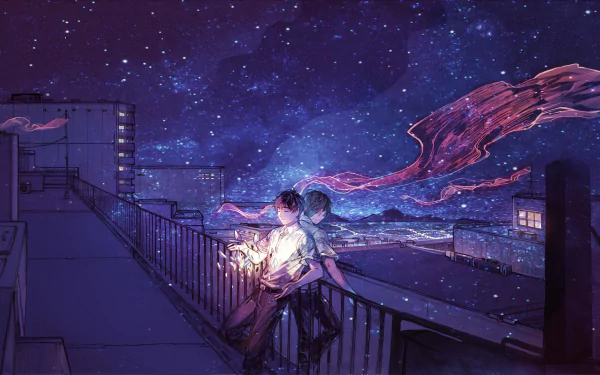 Anime-style 4K Ultra HD wallpaper of a starry night over a city rooftop, featuring a glowing figure blending into the night sky with vibrant purple and blue hues.