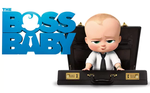 The HD wallpaper features Theodore Templeton, the Boss Baby from the movie The Boss Baby, emerging from a briefcase and looking straight ahead with a confident expression.