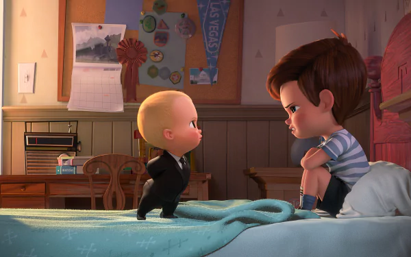 HD desktop wallpaper featuring Theodore Templeton (Boss Baby) and Tim Templeton from the movie The Boss Baby, depicting them in a room having a serious conversation.