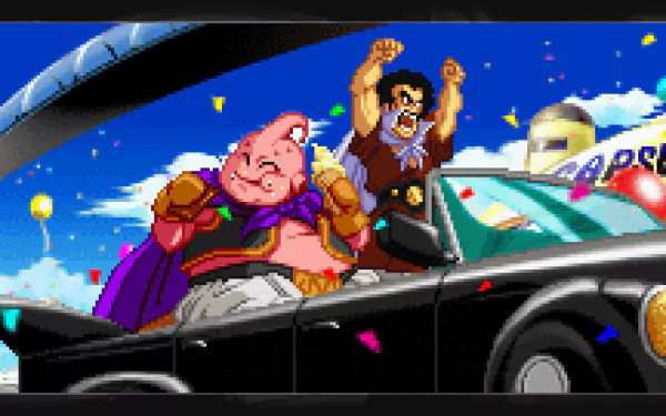 4K Ultra HD Dragon Ball Z desktop wallpaper featuring anime characters Satan and Majin Buu celebrating atop a convertible car with confetti in a vibrant cityscape.