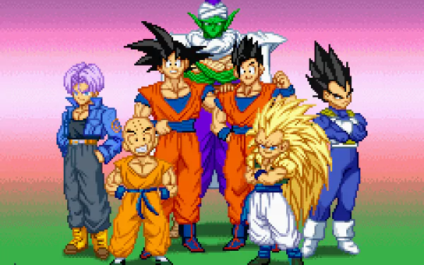 Pixel art of Dragon Ball Z characters Gohan, Trunks, Vegeta, Goku, and Piccolo in 4K Ultra HD desktop wallpaper style.