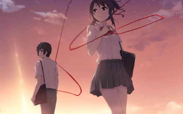 HD PC desktop wallpaper featuring Taki Tachibana and Mitsuha Miyamizu from the anime film Your Name., against a warm, glowing sunset sky.