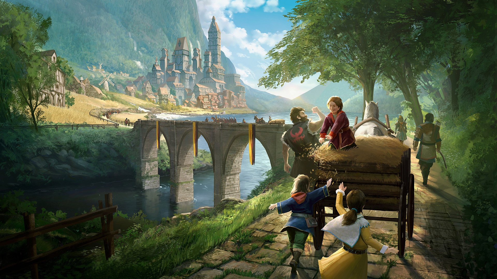 Fantasy City Bridge: Enchanting HD Landscape with People and Castle ...
