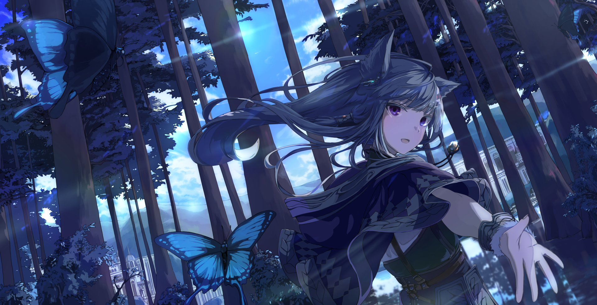 Anime original 2K Quad HD desktop wallpaper: moonlit forest with a long‑haired girl in a dark cloak reaching out as a glowing blue butterfly flutters among tall trees.
