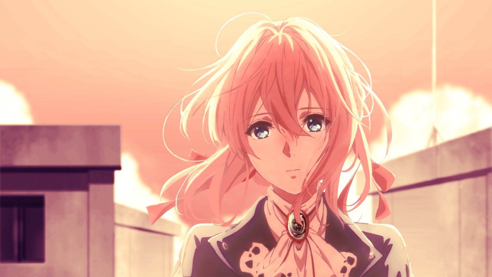 HD desktop wallpaper featuring Violet Evergarden, an anime character, standing outdoors with a sunset backdrop. Her expressive eyes and flowing hair are elegantly depicted against the sky and building.