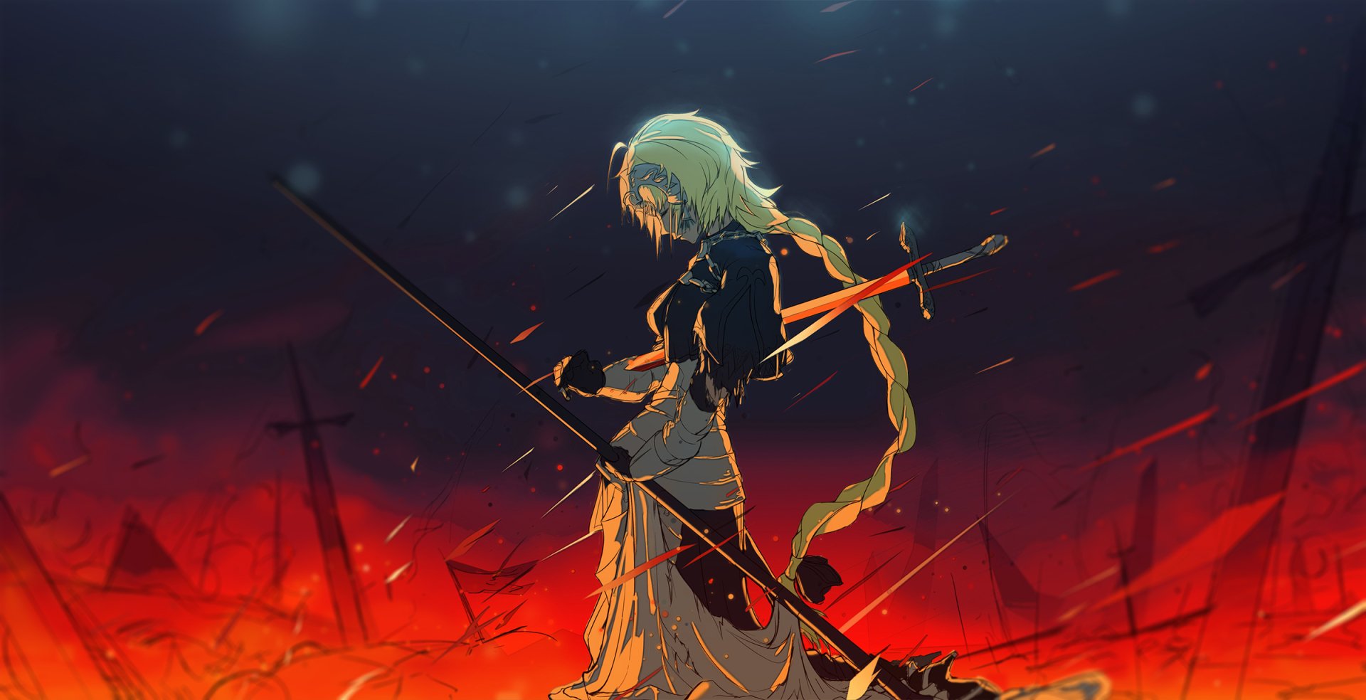Anime HD wallpaper of Jeanne d'Arc from Fate/Apocrypha and Fate/Grand Order, depicted as a blonde woman warrior holding a lance and sword against a fiery background.