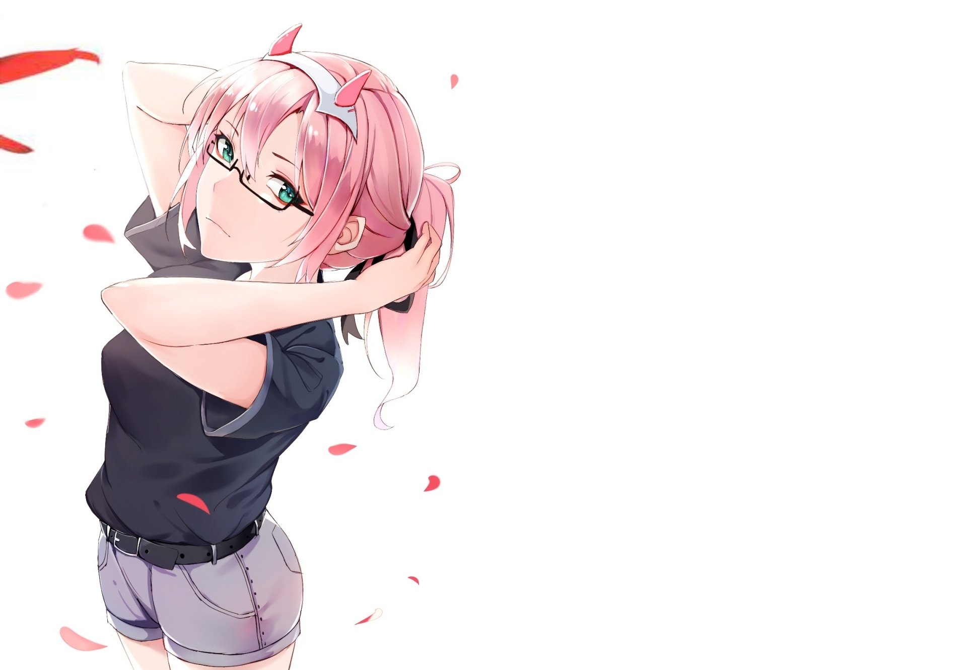 HD desktop wallpaper featuring Zero Two from the anime Darling in the FranXX, depicted in casual attire against a white background with falling petals.
