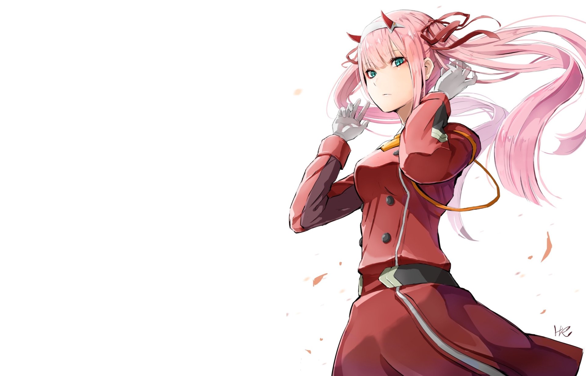 HD desktop wallpaper of Zero Two from the anime Darling in the FranXX, featuring her in a red uniform with long pink hair, set against a white background.