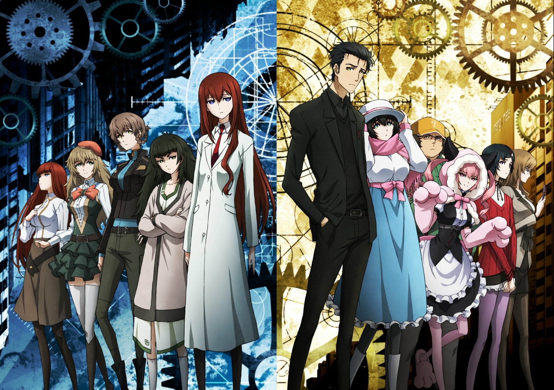 HD wallpaper featuring characters Luka Urushibara, Mayuri Shiina, Kagari Shiina, Rintaro Okabe, Kurisu Makise, Moeka Kiryū, Maho Hiyajo, Itaru Hashida, Faris Nyannyan, Yuki Amane, and Suzuha Amane from Steins;Gate.