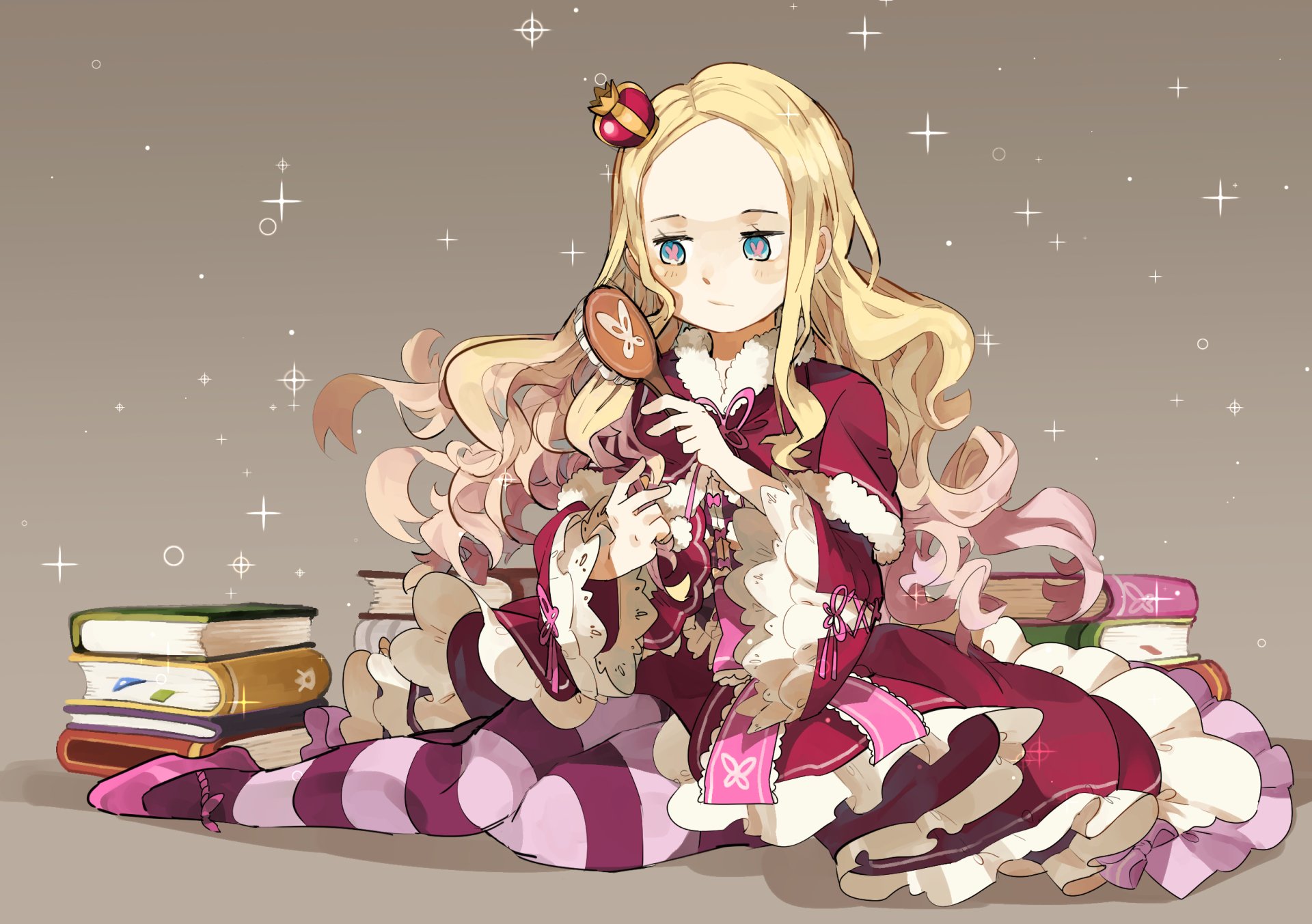 Beatrice from Re:Zero - Starting Life in Another World sits surrounded by books, holding a key, in this HD anime desktop wallpaper.